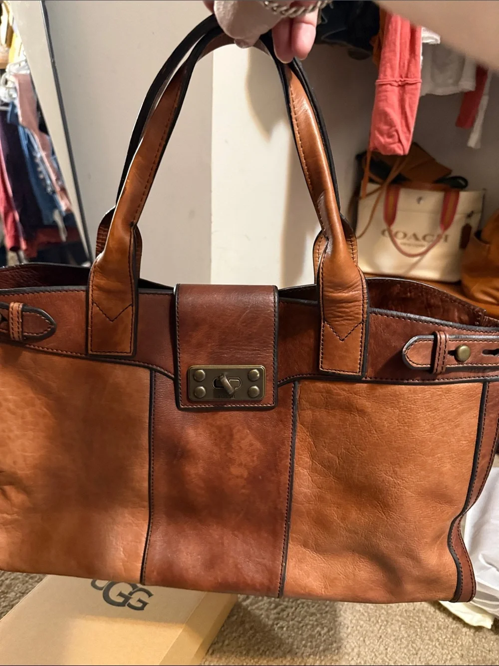 Fossil Two-Tone Brown Leather Tote Bag